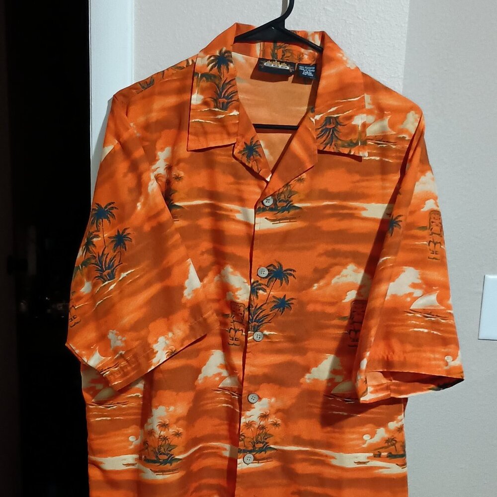 Vintage ODO Hawaiian Mens Short Sleeve Button Down Shirt Size Large Orange